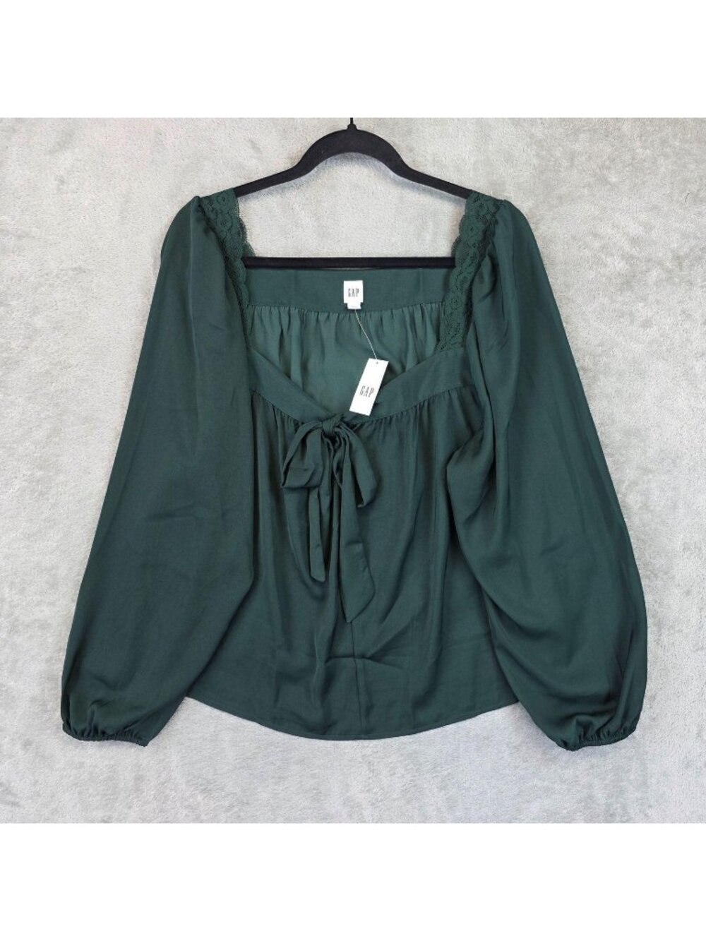 Gap Blouse Womens XL Green Square Neck Long Balloon Sleeve Lace Tie Front Top